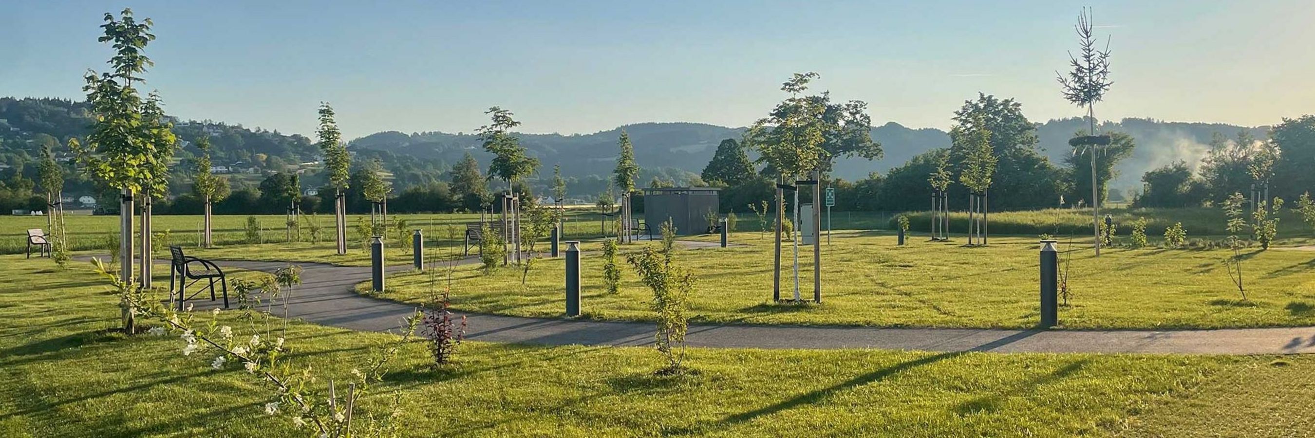 Öffentliche Grünfläche mit Bäumen, Sträuchern und frisch gemähter Wiese